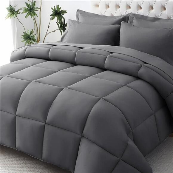 Queen Comforter Set 7 Piece Bed in a Bag Soft Down Alternative Dark Grey - Picture 1 of 7
